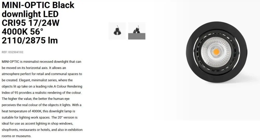 Spot LED incastrabil MINI-OPTIC Black downlight LED CRI95 17/24W 4000K 56° 2110/2875 lm