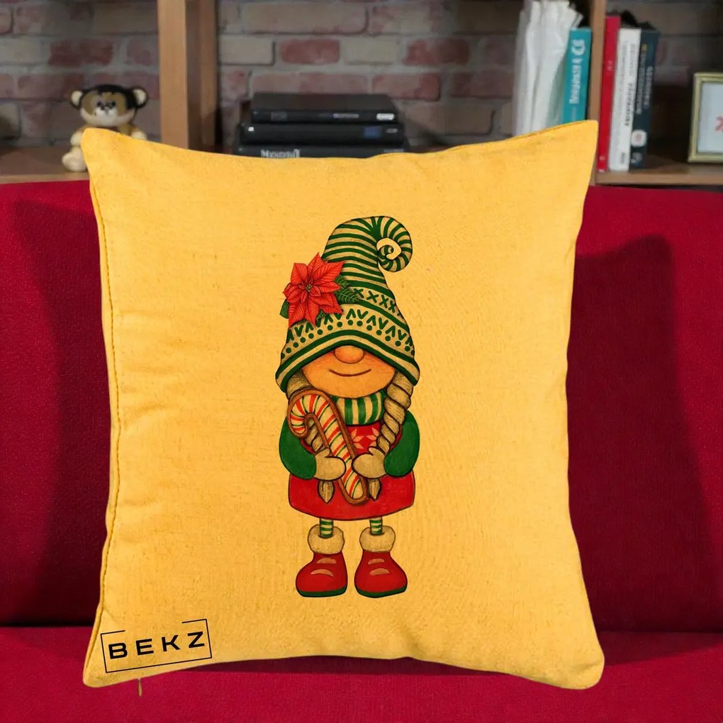 Perna Decorativa Gnom Craciun Verde cu Bomboane si Floare, 40x40 cm, Galben, Husa Detasabila, Perna Inclusa, BEKZ®