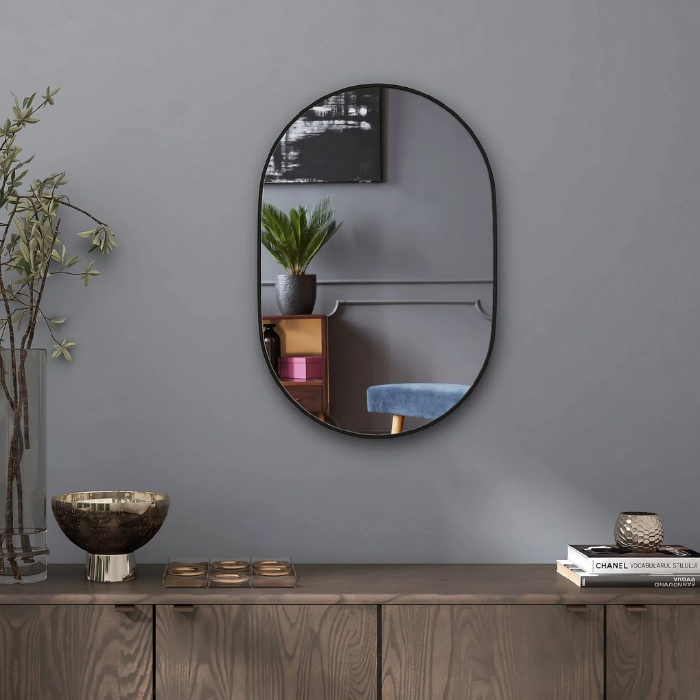 HOMCOM Oglindă pentru Baie cu Ramă din Aluminiu, 40x70 cm, Negru | Aosom Romania