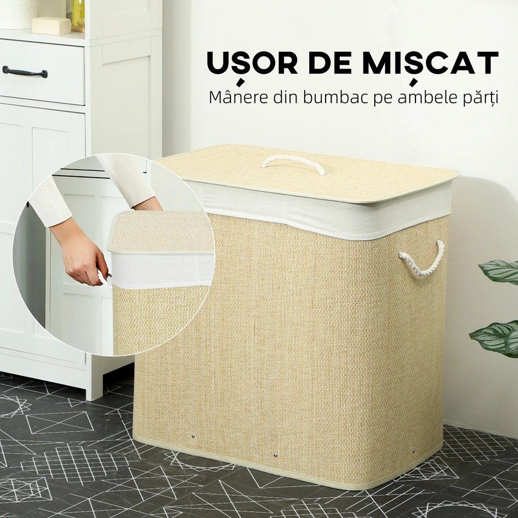 HOMCOM Coș pentru Rufe din Bambus cu Capac, 144L, 3 Compartimente, Sac Detașabil și Lavabil, Mânere, Crem | Aosom Romania