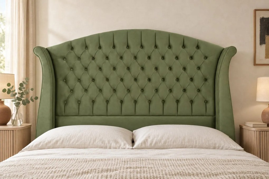 Pat tapițat Chesterfield din catifea Sorella Simple 160×200 cm, kaki, cu ladă de depozitare