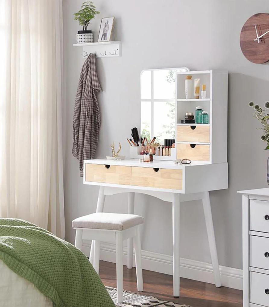 Masuta de toaleta pentru machiaj cu oglinda si 4 sertare + taburet lemn natur/alb
