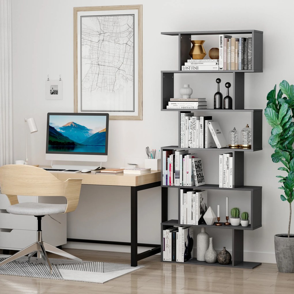 HOMCOM Bibliotecă Modernă cu 6 Rafturi, Design Zig-Zag, Lemn Rezistent, Ușor de Curățat, Negru, 80x24x191 cm | Aosom Romania