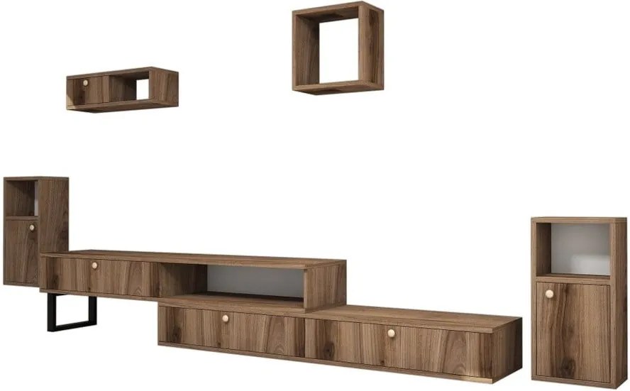 Set comodă TV și 4 rafturi perete în decor de lemn de nuc Ratto Lux