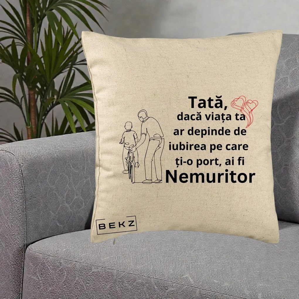 Cadou pentru Tata - Perna Personalizata Tata Nemuritor Bicicleta, 40x40 cm, Bej, Husa Detasabila, Perna Inclusa, BEKZ®