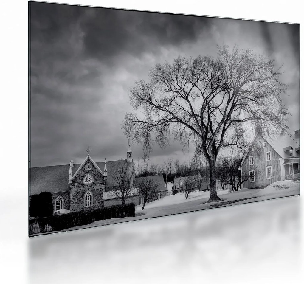 Tablou pe sticlă cu sat alb negru (70x50 cm)