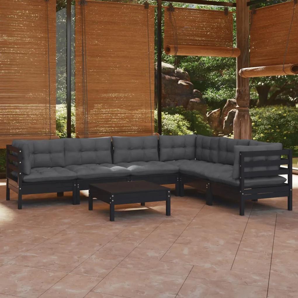 3096693 vidaXL Set mobilier grădină cu perne, 7 piese, negru, lemn masiv pin