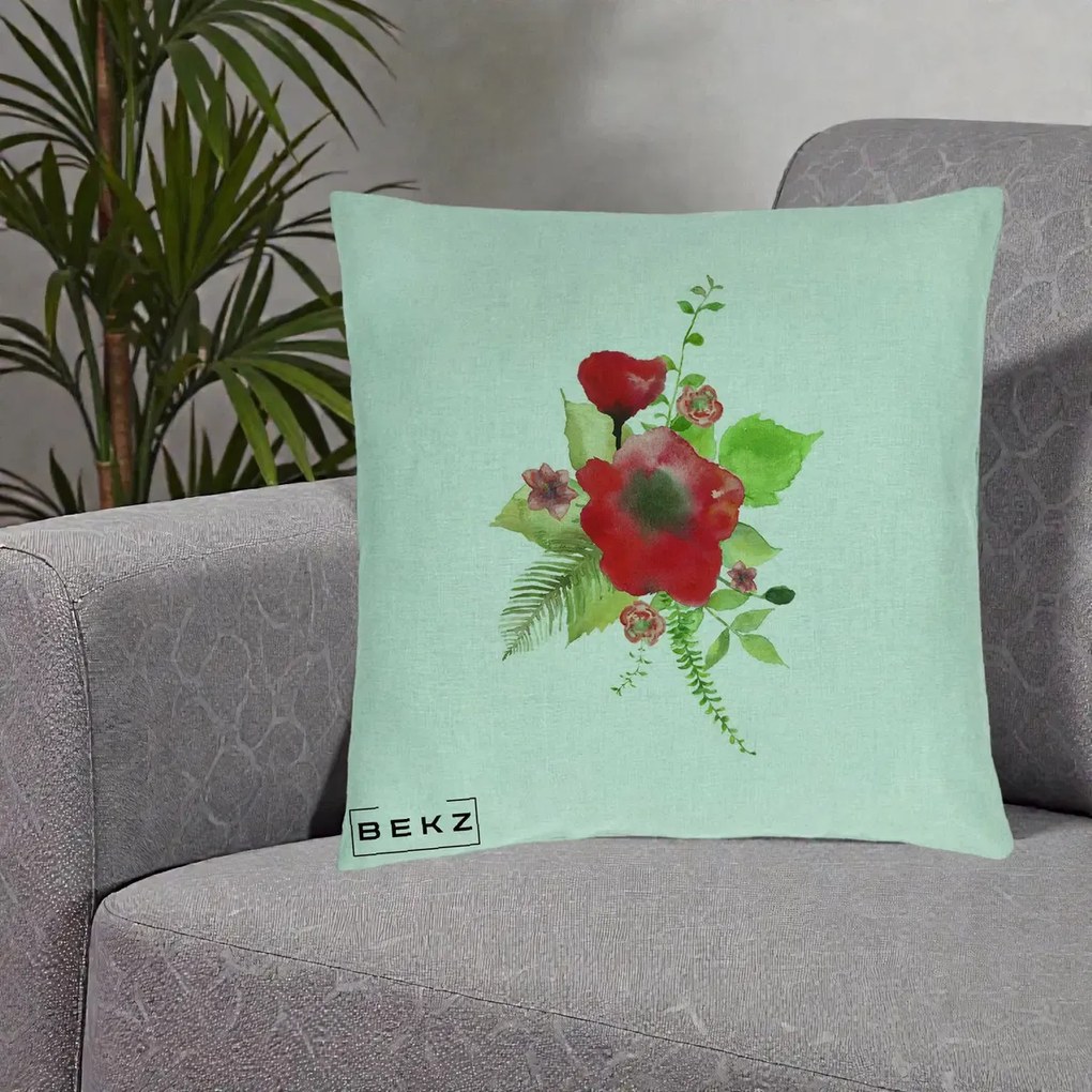 Perna Decorativa Buchet Rosu Acuarela, 40x40 cm, Verde Menta, Husa Detasabila, Perna Inclusa, BEKZ®