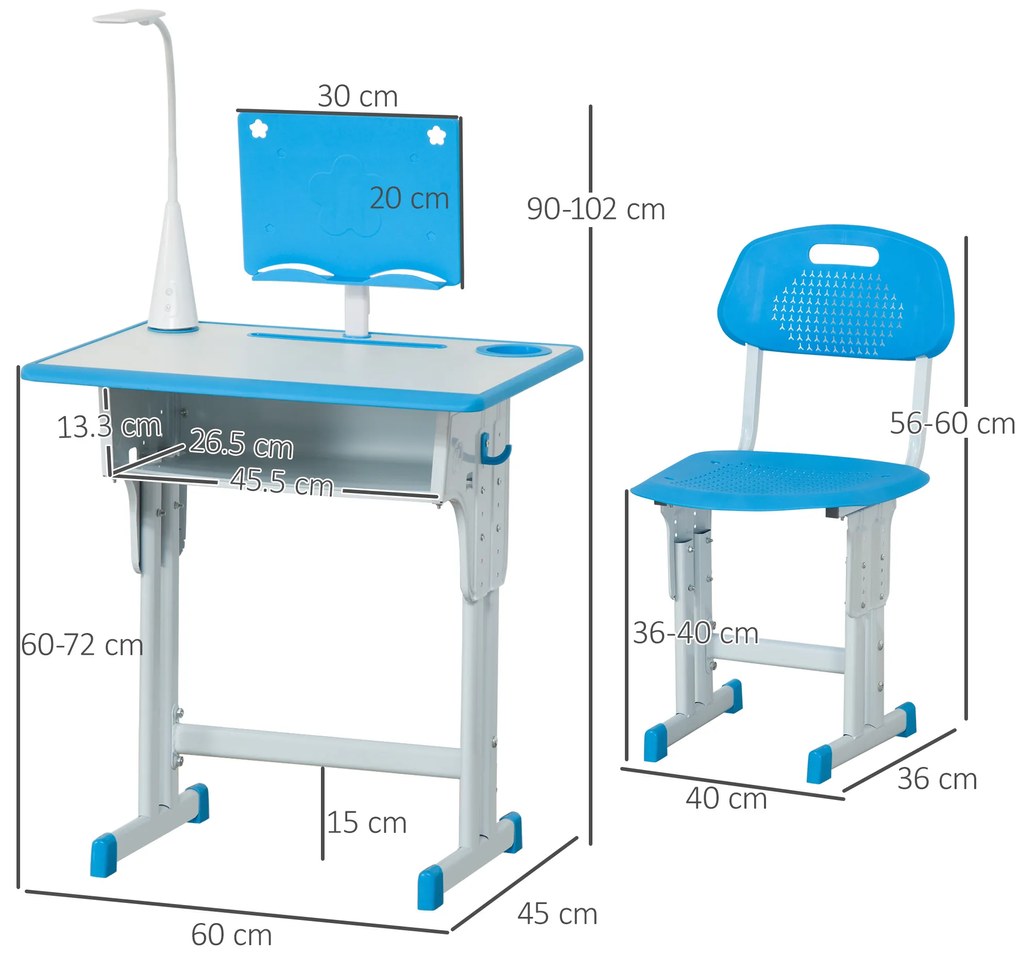 HOMCOM Bancă cu Scaun pentru Copii 6-12 ani cu Înălțime Reglabilă și Lampă LED, 60x45x90-102 cm, Albastru | Aosom Romania