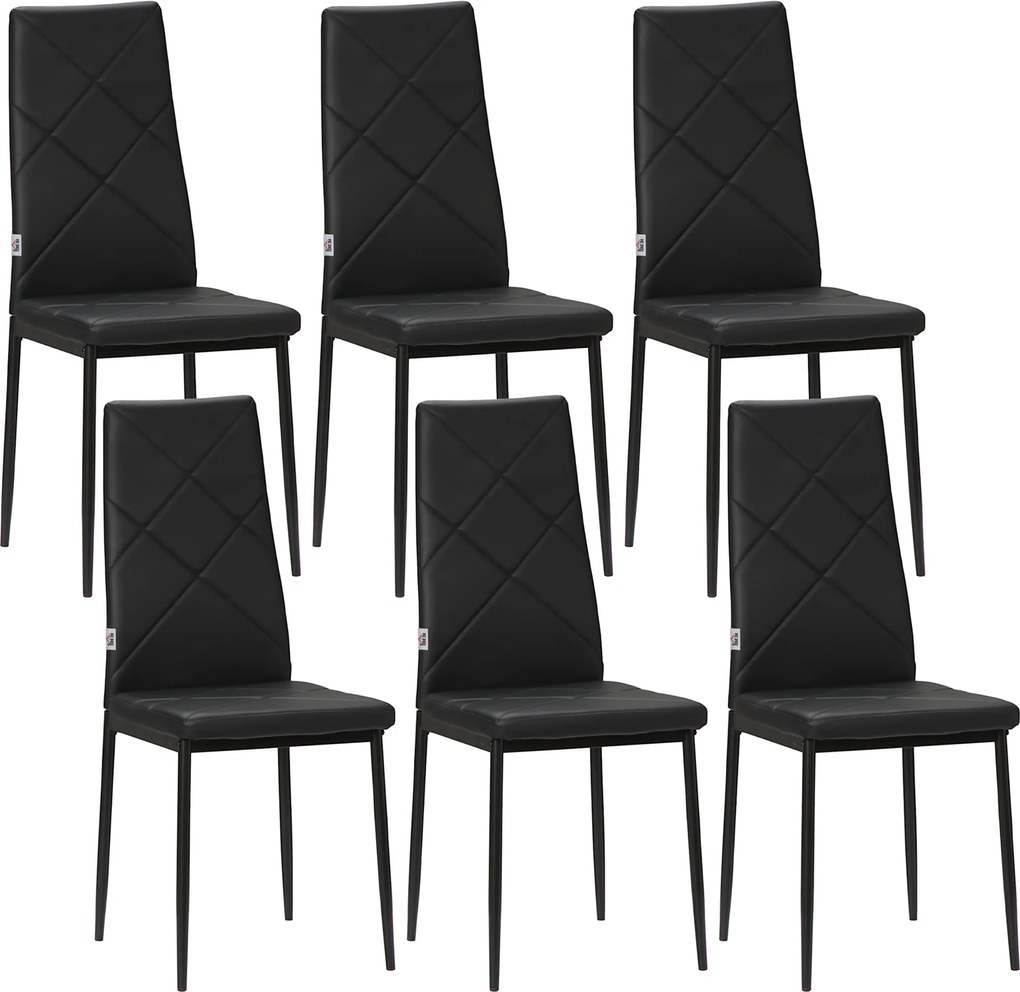 HOMCOM Set 6 Scaune de Sufragerie Tapițate cu Spătar Înalt, Tălpi Antiderapante și Picioare din Oțel, 41x50x97 cm, Negru | Aosom Romania