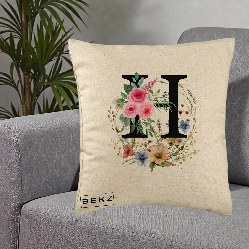 Cadou Personalizat - Perna Personalizata Monogram Litera H cu Flori Acuarela, 40x40 cm, Bej, Husa Detasabila, Perna Inclusa, BEKZ®
