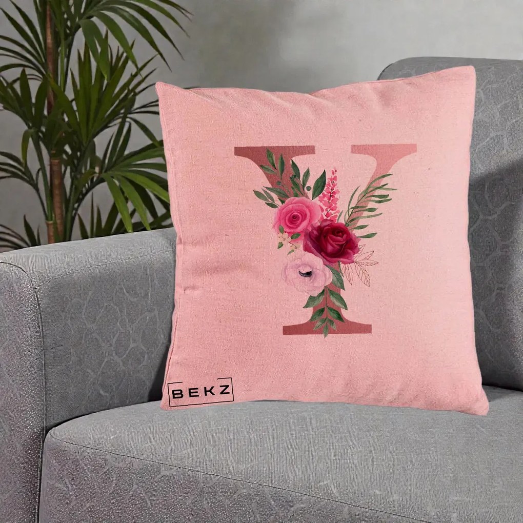 Cadou Personalizat - Perna Personalizata Monograma Rose Gold Litera Y, 40x40 cm, Roz, Husa Detasabila, Perna Inclusa, BEKZ®