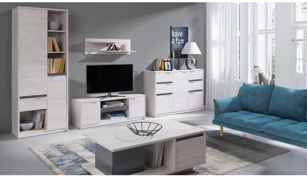 Expedo Mobilă sufragerie KOLOREDO 1 - raft + comodă TV RTV2D + comodă comb. + masă cafea + raft, stejar alb/grafit luciu