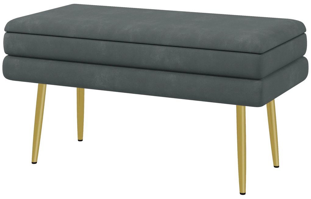 HOMCOM Banc bancă cutie de depozitare 2 în 1 cu asistent aspect de catifea și picioare din oțel - 79,5L x 37,5P x 43H cm gri și aurit | Aosom Romania