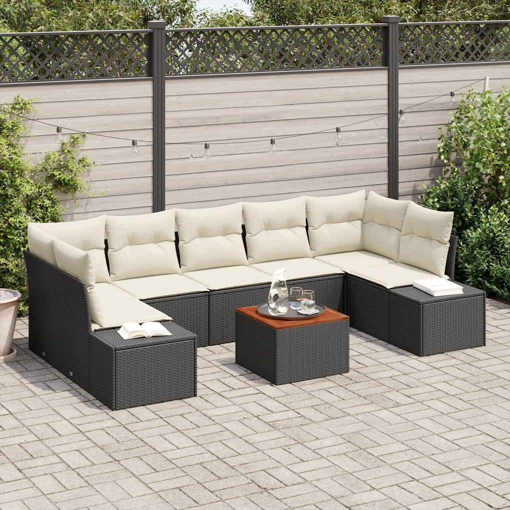 vidaXL Set de canapea pentru grădină cu 8 piese, perne incluse, din rattan sintetic negru și lemn de acacia.