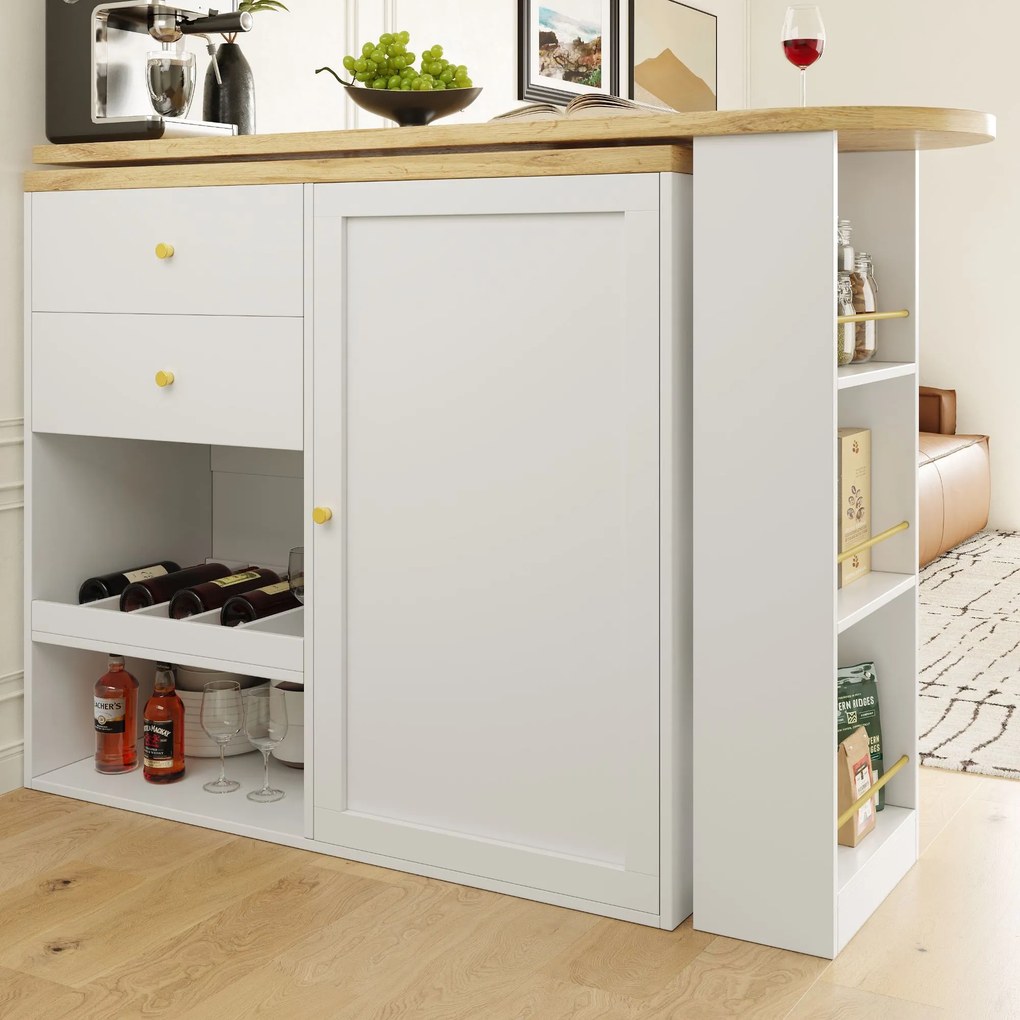 Masă de bar rotativă 360° cu 2 sertare și dulap cu ușă glisantă, Alb | Aosom Romania