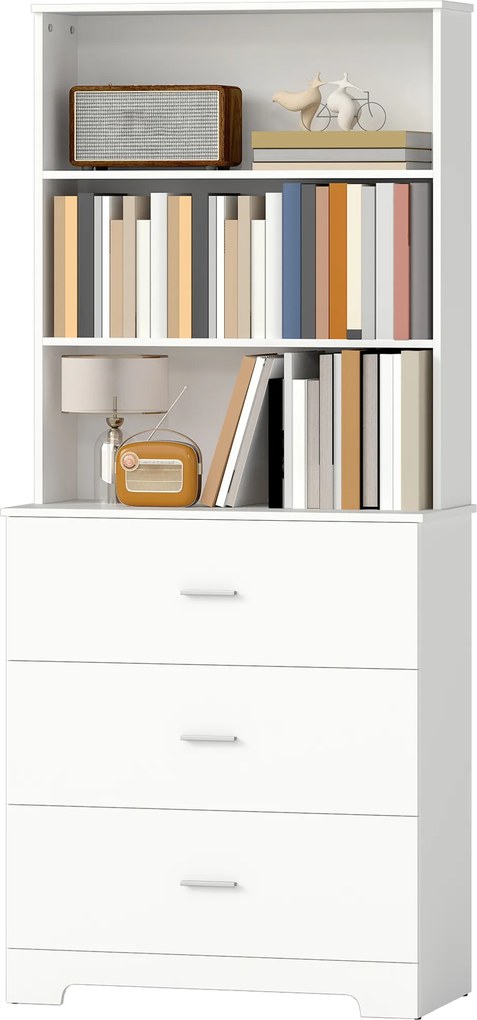 HOMCOM Bibliotecă Vitrină înaltă cu 3 sertare, 3 rafturi deschise, pentru living și bucătărie, 79x39,5x180 cm, alb | Aosom Romania
