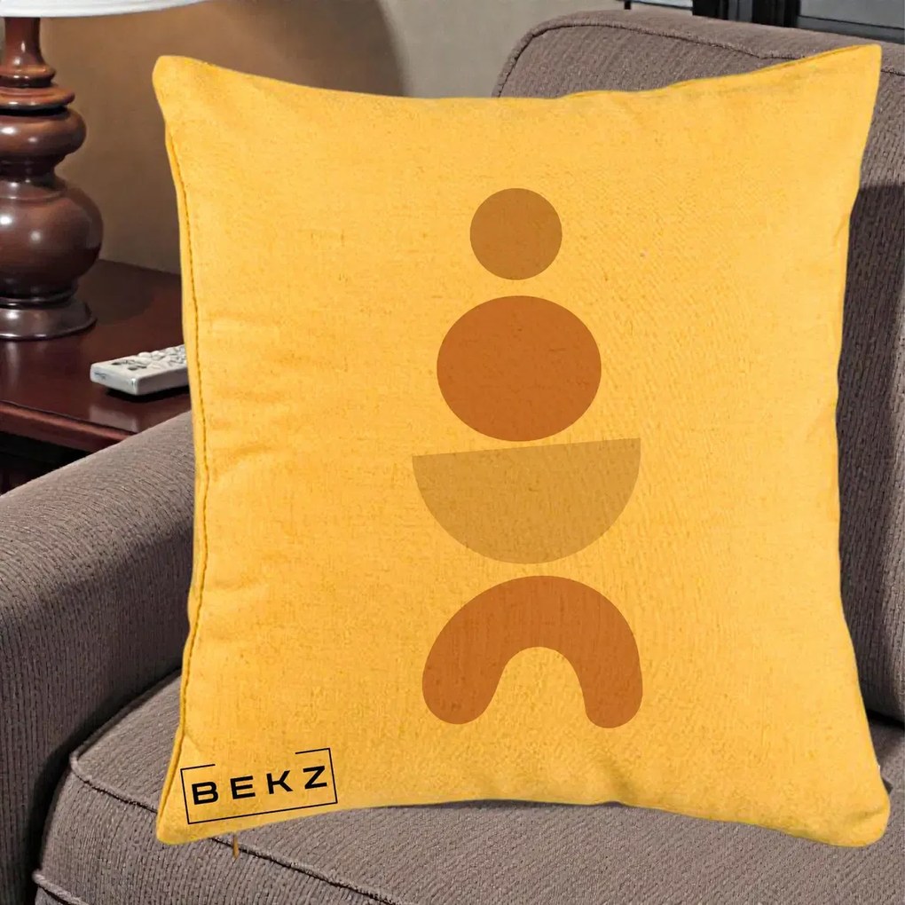 Perna Decorativa Geometric Boho Cercuri si Arc, 40x40 cm, Galben, Husa Detasabila, Perna Inclusa, BEKZ®