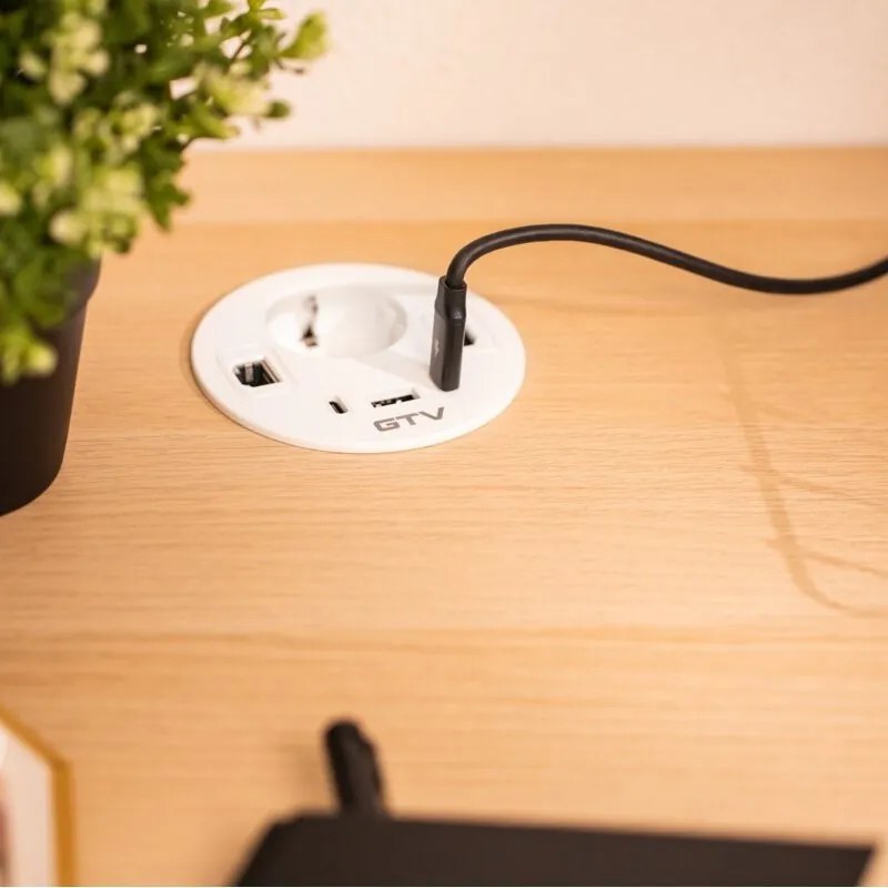 Priză încorporabilă în blat Rondo GTV, 1 priză Schuko, 1 x USB A, 2 x USB C, HDMI, RJ45, alb, D:90 mm D:90 mm, Aluminiu/Plastic, Alb