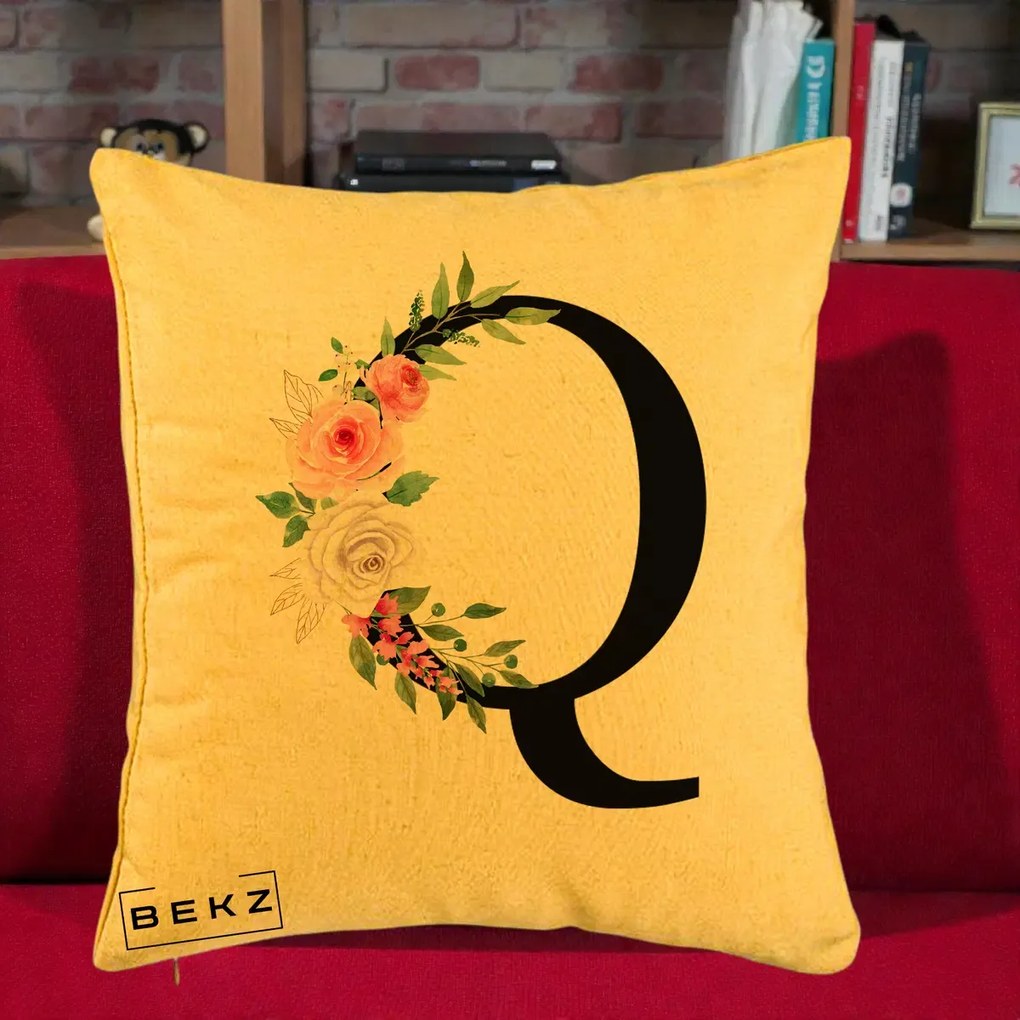 Cadou Personalizat - Perna Personalizata Monograma Florala Litera Q, 40x40 cm, Galben, Husa Detasabila, Perna Inclusa, BEKZ®