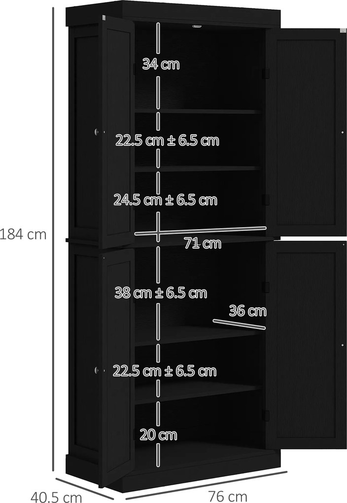 HOMCOM Dulap Înalt de Bucătărie cu 6 Rafturi și 2 Uși, Dulap cu Rafturi Reglabile din Lemn, 76x40,5x184 cm, Alb | Aosom Romania