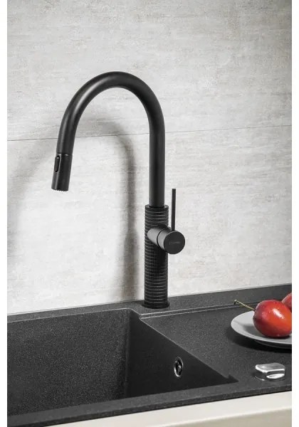 Baterie de chiuvetă cu cap de duș detașabil Sapho FLAWO negru mat