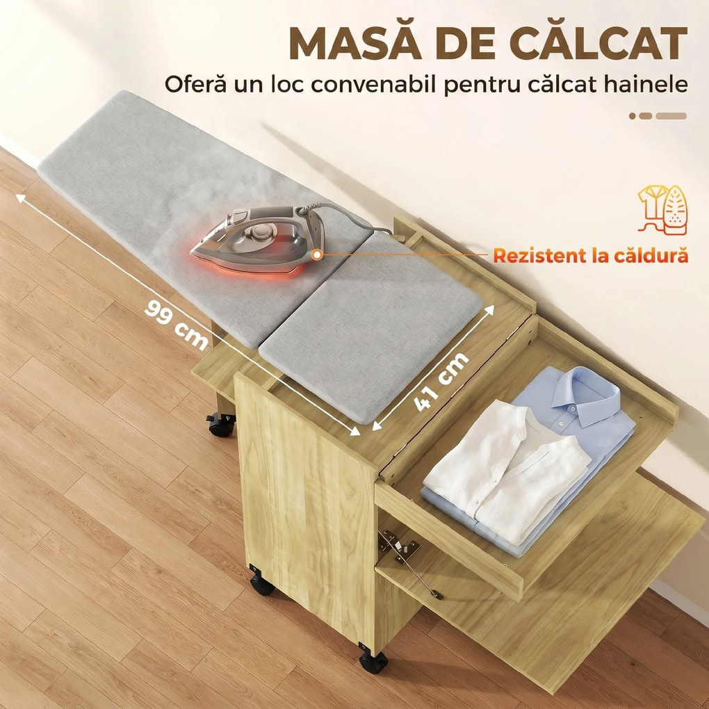 HOMCOM Dulap Masă de Călcat Rabatabilă cu Roți și Suport pentru Fier de Călcat, Dulap Multifuncțional cu Rafturi, Compartiment Deschis, pentru Spălătorie, Baie, 154x55x87 cm, Lemn Natural | Aosom Romania