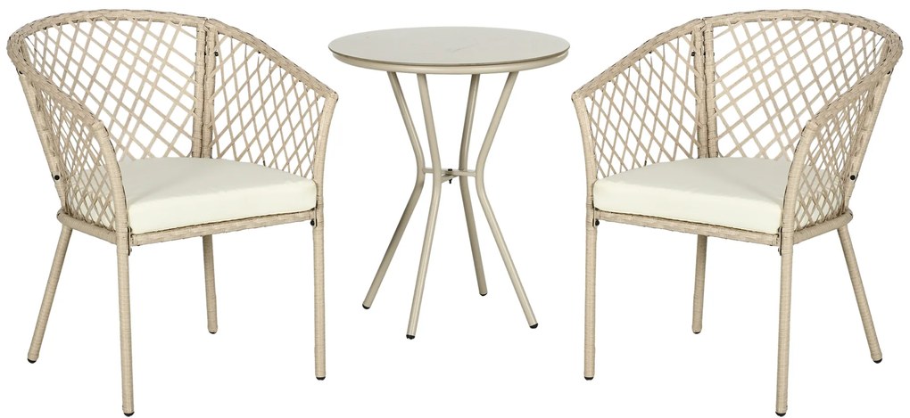 Outsunny Set Mobilier de Grădină din Ratan PE, Set Bistro 3 Piese cu Masă de Sticlă și Perne Moi, Mobilier de Conversație | Aosom Romania