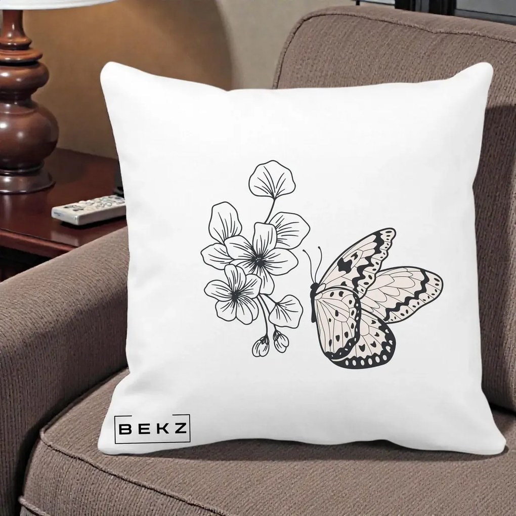 Perna Decorativa Fluture si Flori Linie Monocroma, 40x40 cm, Alba Mata, Husa Detasabila, Perna Inclusa, BEKZ®