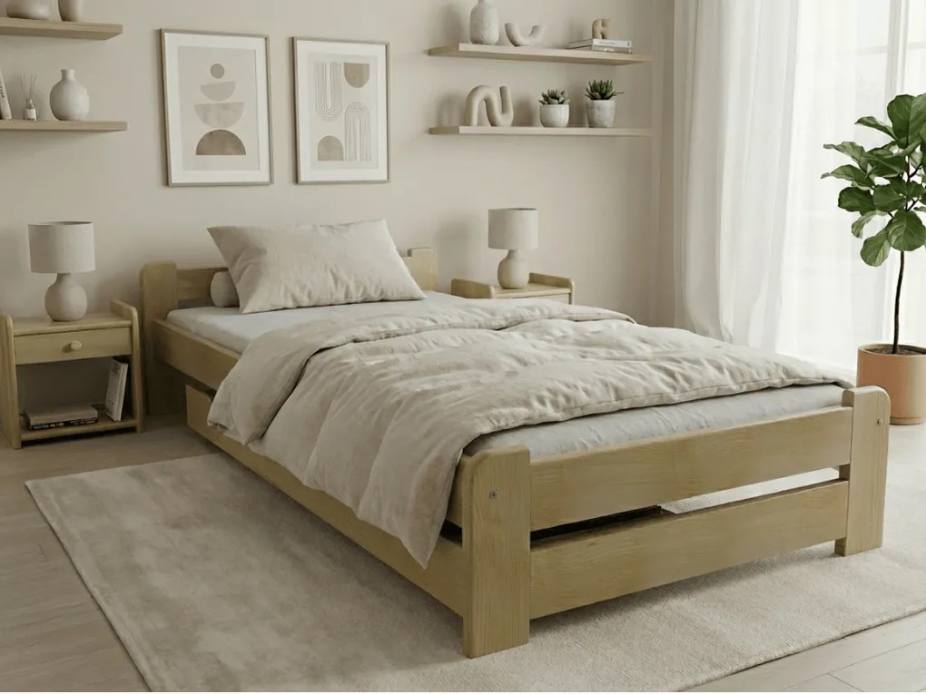 Pat de o persoana Emily 90x200 cm, pin Saltele: Cu saltele Sommera 18 cm, Somiera pat: Cu lamele curbate