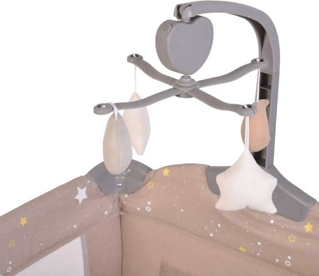 Patut pliant transformabil in tarc copii NOVOKIDS™ Onceuponatime NEST, 62X125 cm, 2 Niveluri, Jucarie Carusel muzical, Fermoar acces lateral, Bej