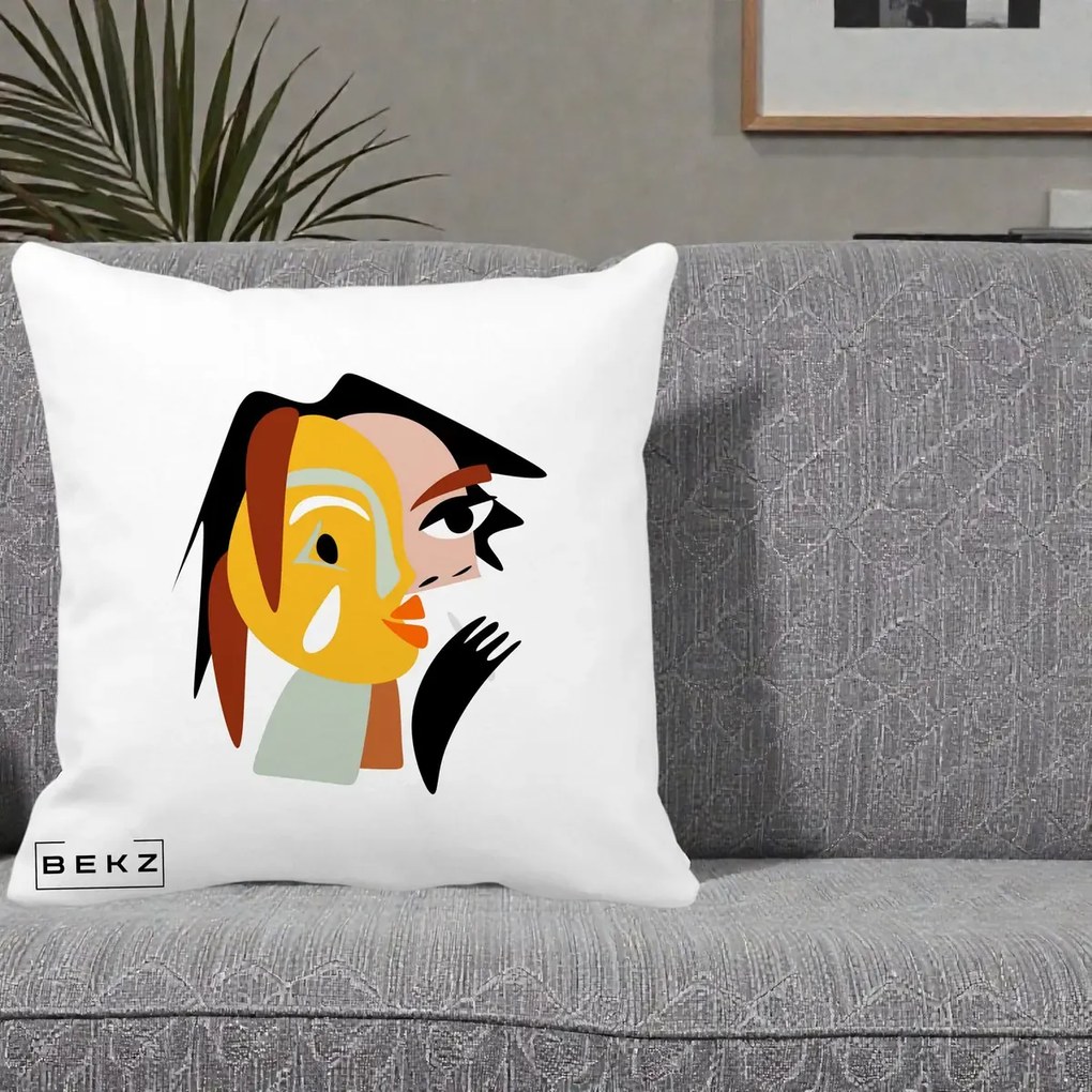 Perna Decorativa Portret Abstract Galben-Ocru, 40x40 cm, Alba Mata, Husa Detasabila, Perna Inclusa, BEKZ®
