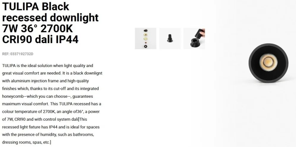 Spot LED incastrabil TULIPA Black recessed downlight 7W 36° 2700K CRI90 dali IP44