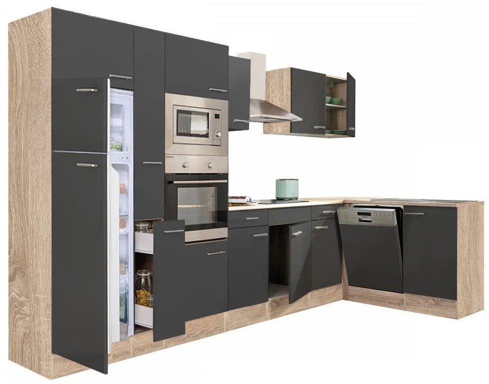 Mobilă de bucătărie de colț Yorki 370, corp din stejar sonoma, cu față antracit satinat