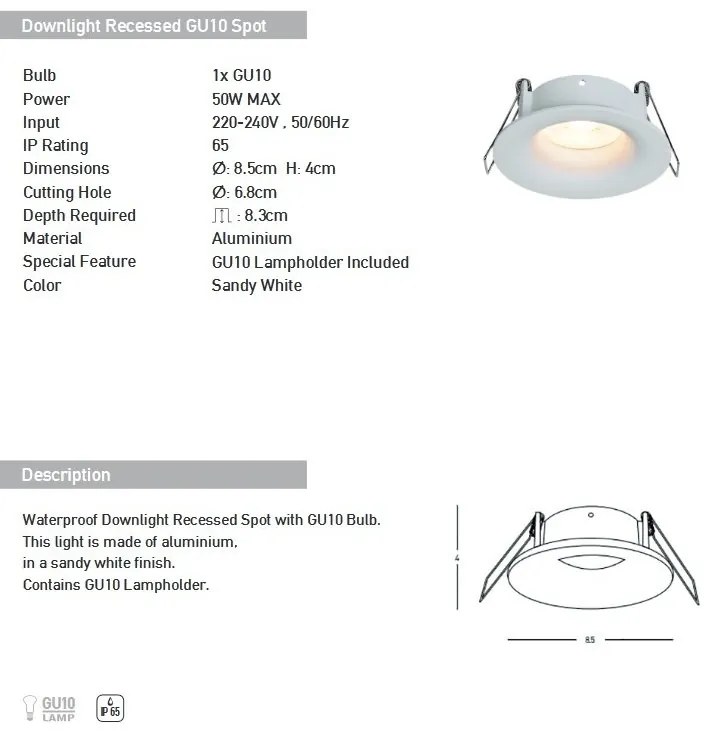 Spot incastrabil pentru baie IP65 Astrid GU10 alb