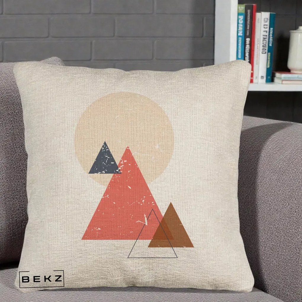 Perna Decorativa Geometric Munti si Soare, 40x40 cm, Bej Canapea, Husa Detasabila, Perna Inclusa, BEKZ®