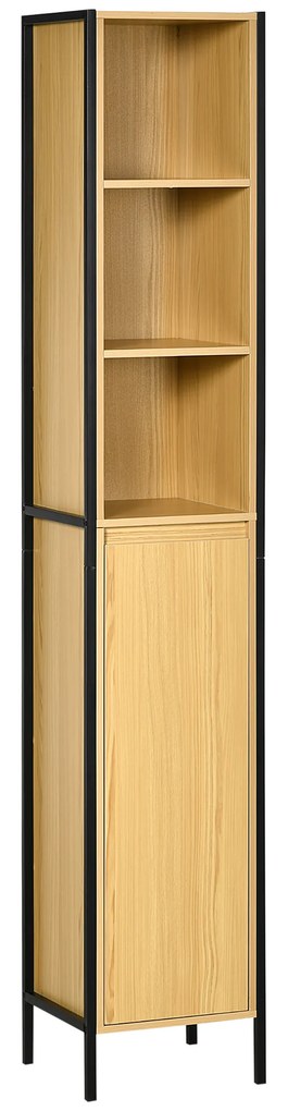 Kleankin Dulap Înalt de Baie Multifuncțional, Design Modern Negru și Natural | Aosom Romania