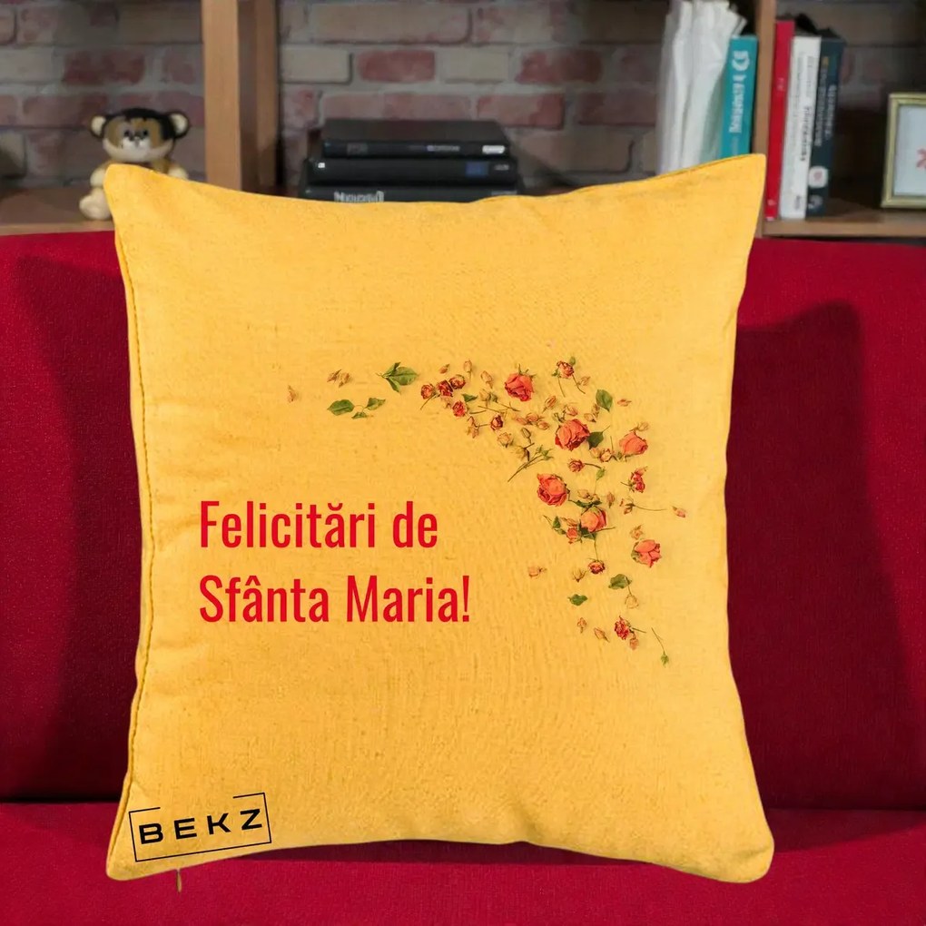 Cadou de Onomastica - Perna Personalizata Felicitari de Sfanta Maria, 40x40 cm, Galben, Husa Detasabila, Perna Inclusa, BEKZ®