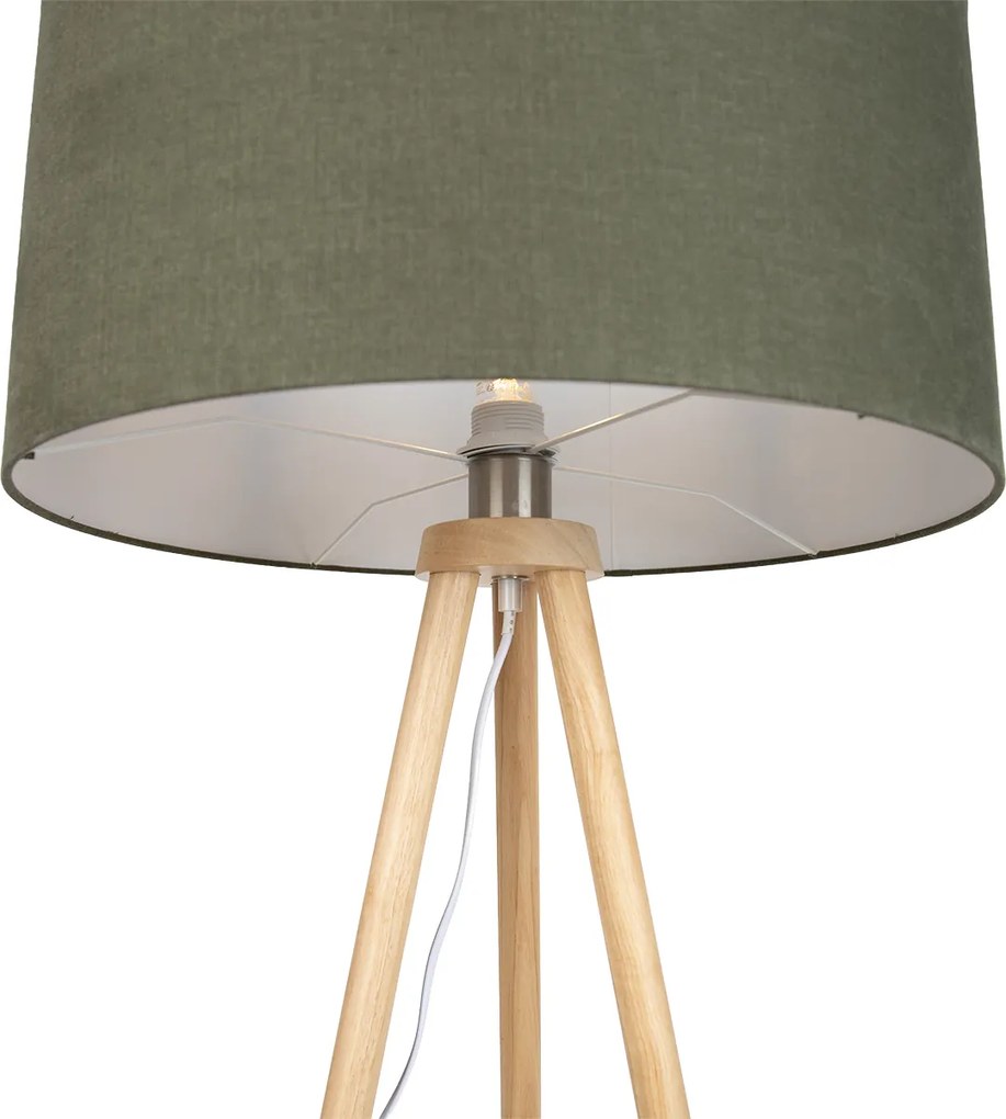 Lampă de podea cu trepied din lemn cu abajur verde 50cm - Lou