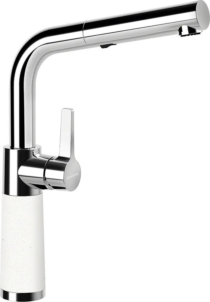 Baterie bucatarie Schock SC-540 Cristalite Alpina cu cap extractibil, 2 tipuri de jet, aspect granit, cartus ceramic, alb