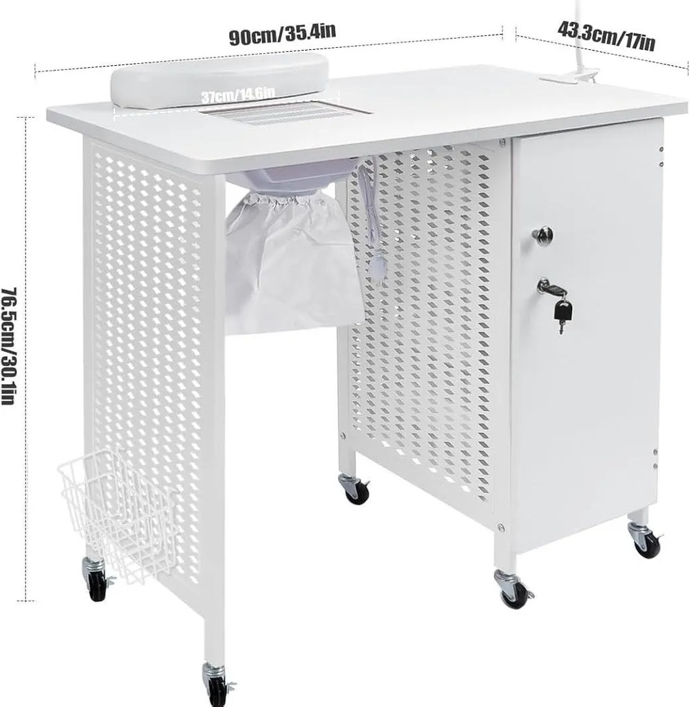 MANIA1 - Masuta manichiura, 90 cm, cu aspirator incorporat, perna maini si lampa LED, masa cosmetica - Alb/ Negru / Negru-Auriu