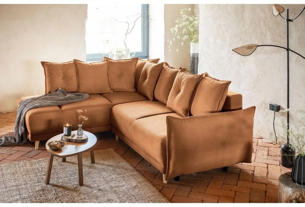 Colțar cărămiziu extensibil cu tapițerie din catifea reiată (colț stânga) Lazy Lukka – Miuform