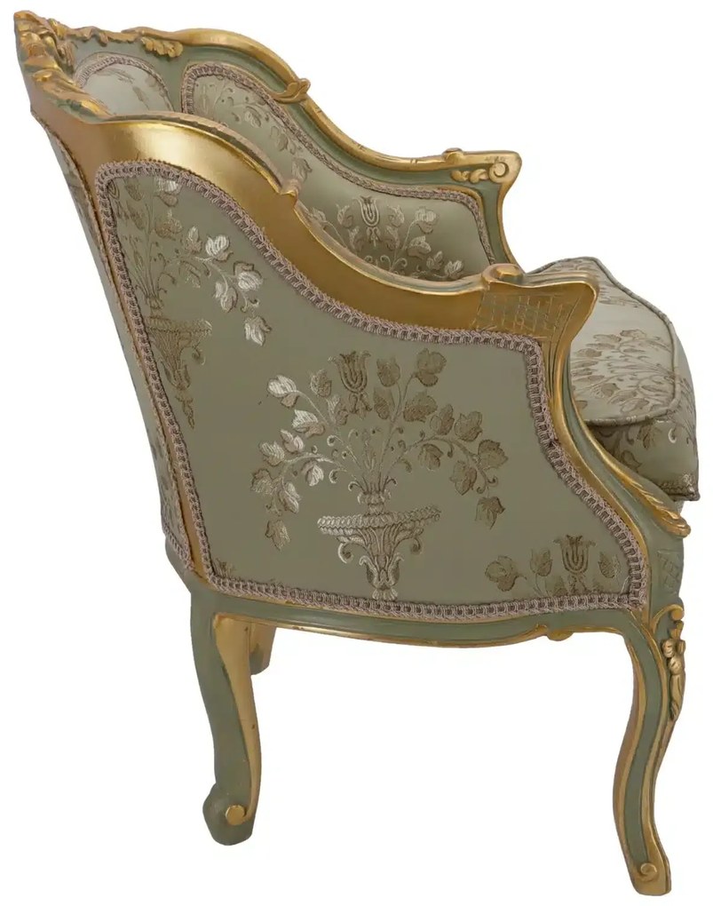 Fotoliu baroc din lemn sculptat, tapiterie damasc, finisaje aurii Design clasic elegant