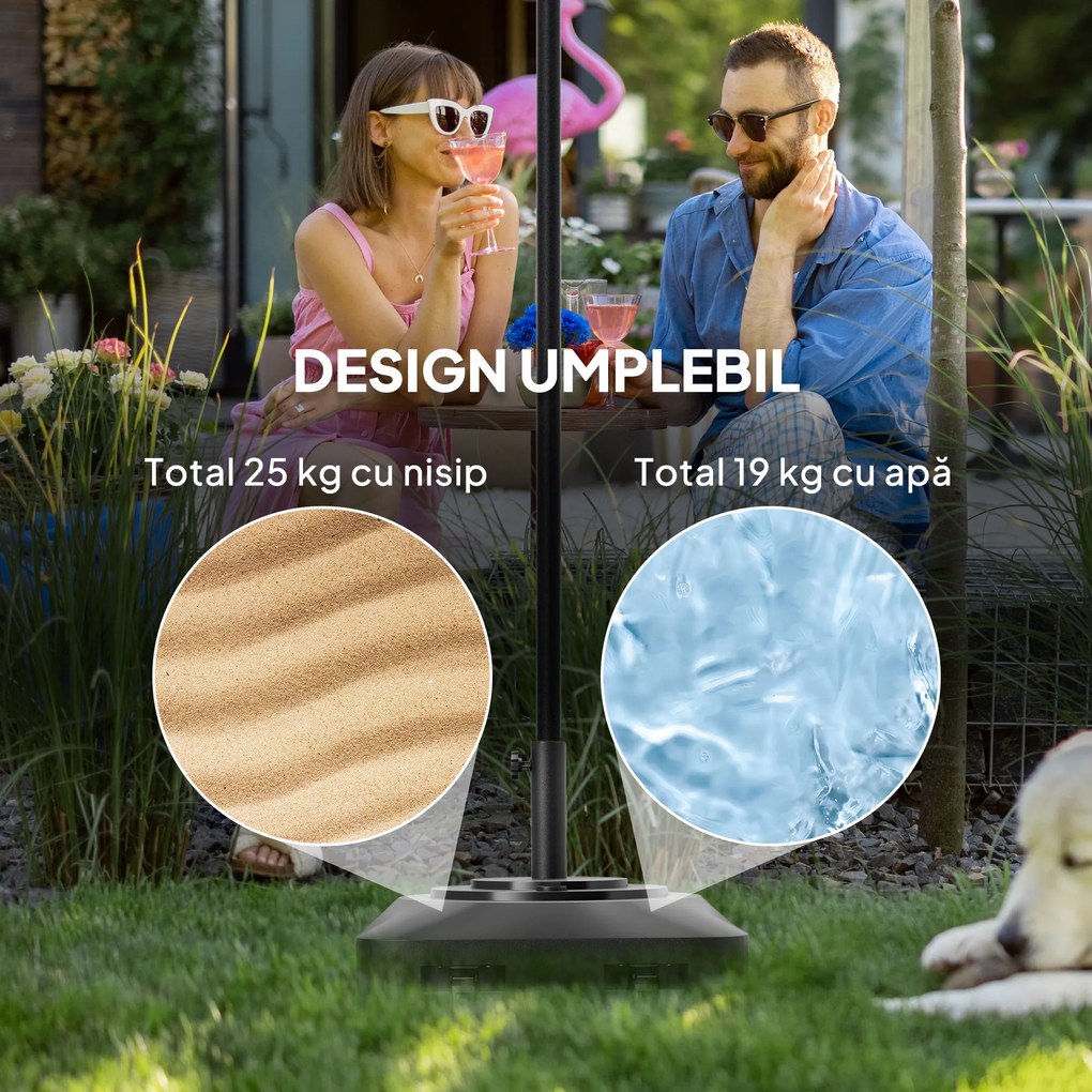 Outsunny Bază pentru Umbrelă cu Roți și 2 Frâne, Bază Reumplibilă din HDPE pentru Umbrelă cu Nisip 25 kg sau Apă 19 kg, pentru Stâlpi de Ø38/48 mm, 48x48x32,5 cm, Negru | Aosom Romania