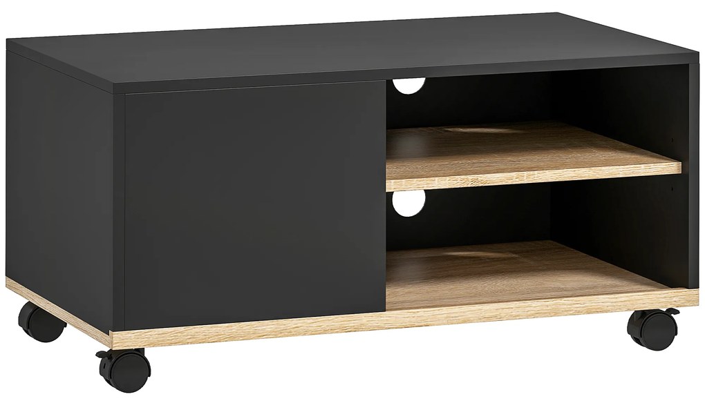 HOMCOM Stand TV pe Roți cu 2 Frâne - 2 nișe + Dulap cu Ușă 2 Treceri pentru Cablu - din Lemn Negru și Stejar Deschis | Aosom Romania
