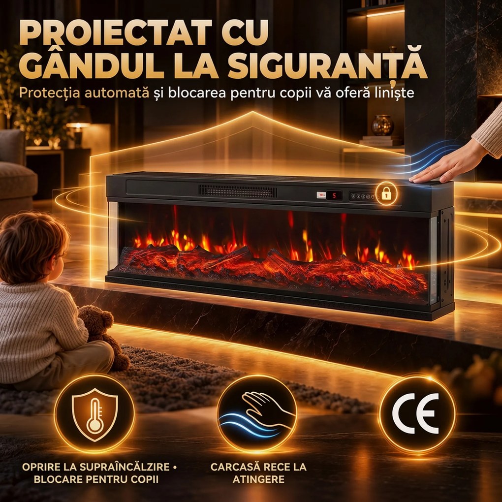 HOMCOM Șemineu electric de podea/încastrabil, 3 laturi, cu telecomandă, 750/1500W, efect flacără 3D, 12 culori, 5 niveluri de luminozitate | Aosom Romania