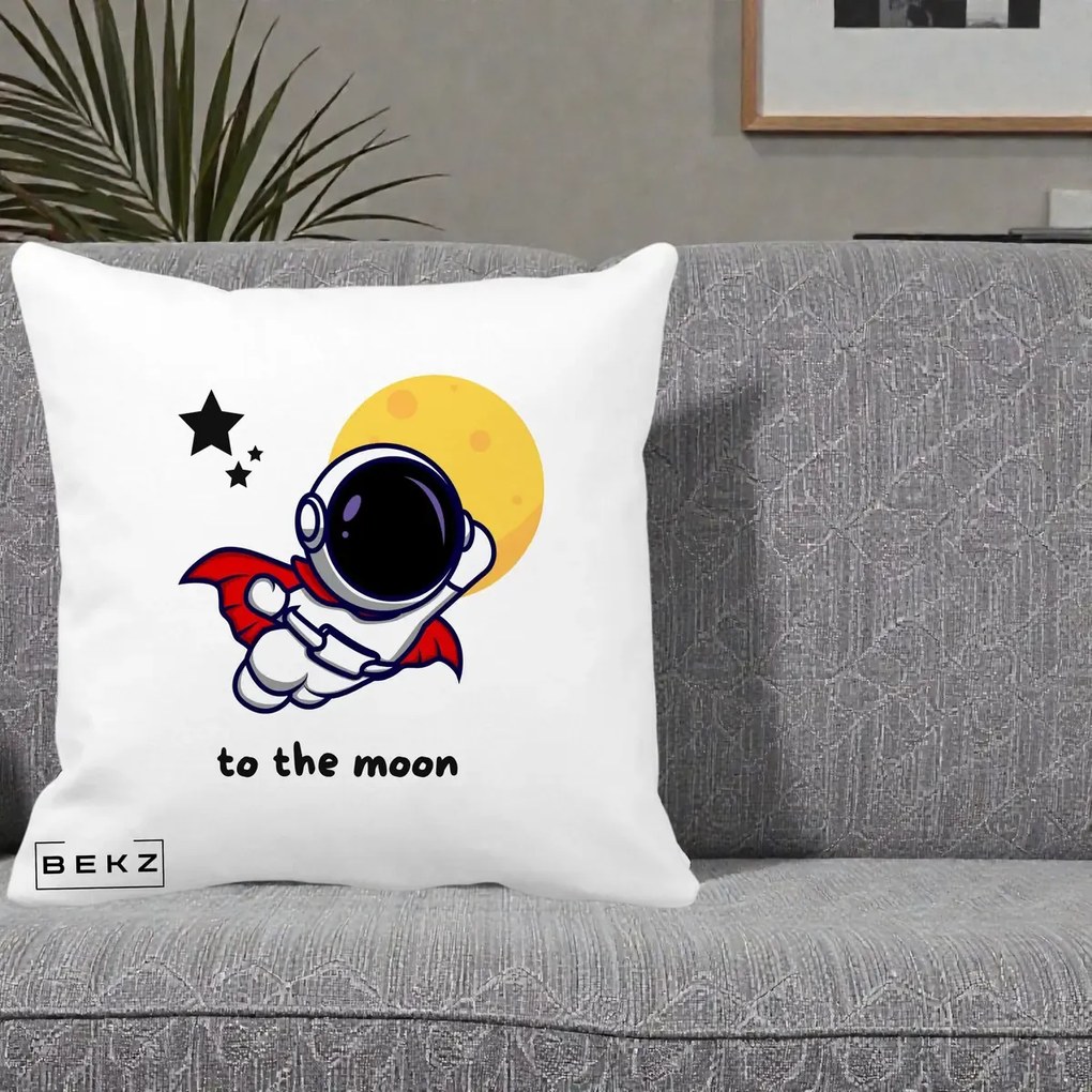 Perna Decorativa Astronaut To The Moon, 40x40 cm, Alba Mata, Husa Detasabila, Perna Inclusa, BEKZ®