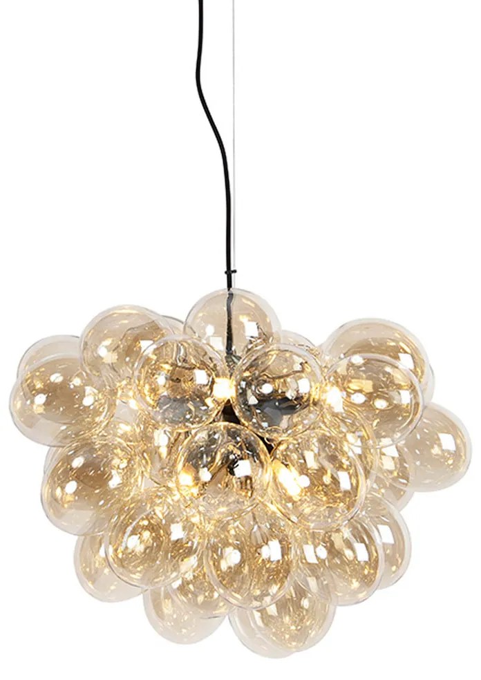 Lampă suspendată Art Deco neagră cu sticlă chihlimbar cu 8 lumini - Uvas