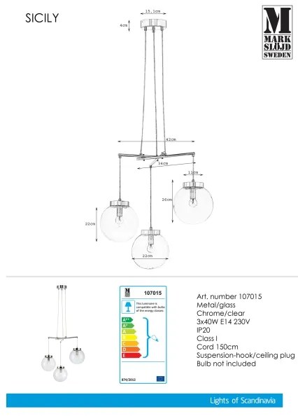 Markslöjd 107015 - Lustră pe cablu SICILY 3xE14/40W/230V