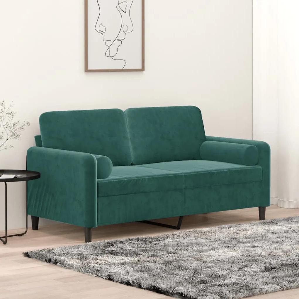 Canapea cu 2 locuri cu pernute, verde inchis, 140 cm, catifea